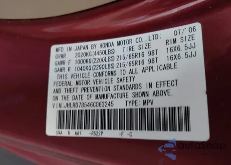 2006 Honda Cr-V Lx from USA, damaged, VIN JHLRD78546C063245